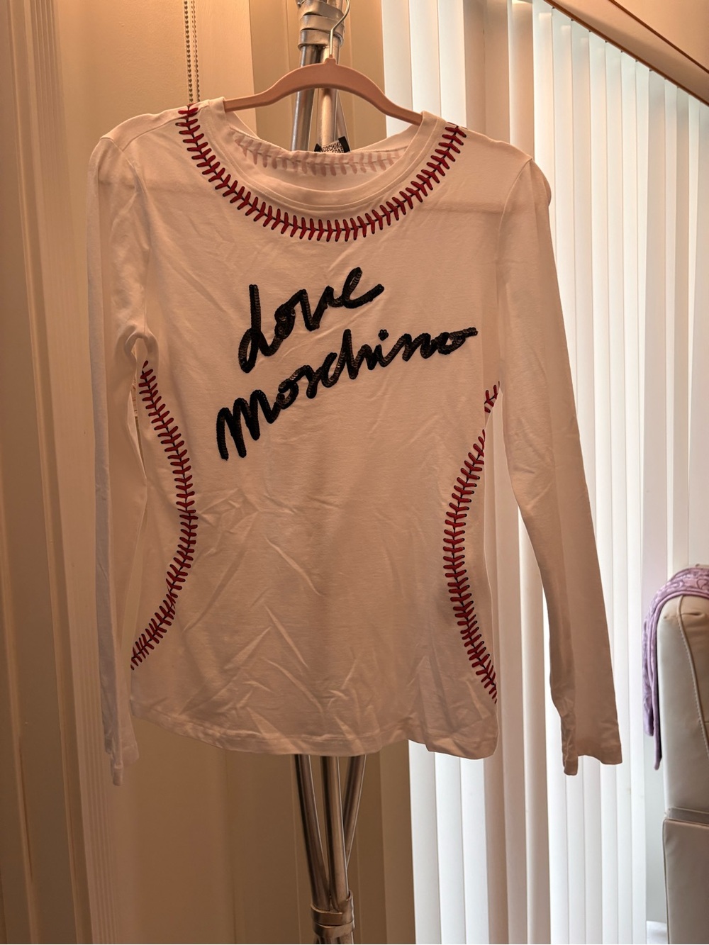 Moschino White Long-Sleeve 'Love Moschino' Top with Red Stitching